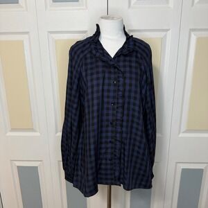 Cabi 3961 Aberdeen Blue and Black Buffalo Check Ruffle Collar Button Up Shirt S